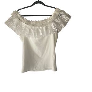 Lulumari Women's Size Large White Floral Formal Party Lace Detail Blouse